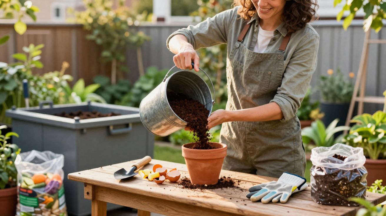 Mulher a colocar terra num vaso de barro para plantar, numa mesa com ferramentas de jardinagem.