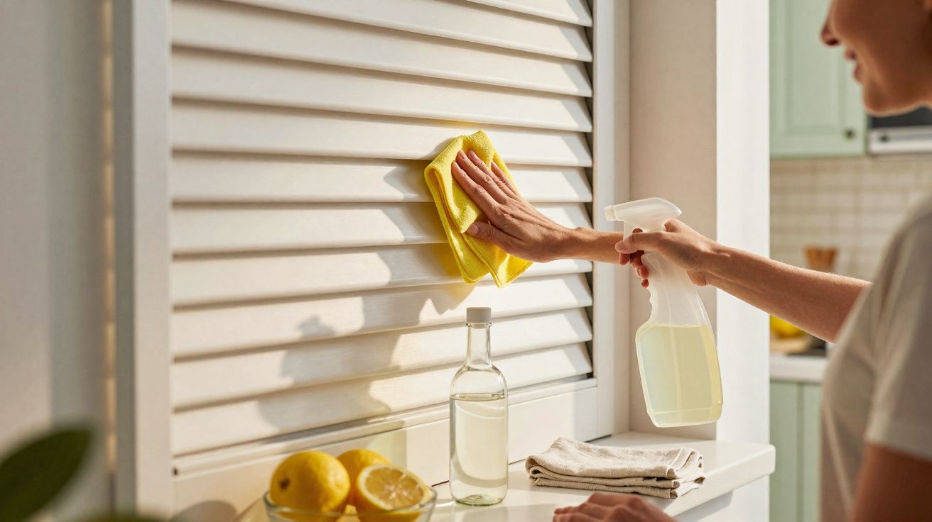 Pessoa a limpar persiana branca com pano amarelo e spray num ambiente doméstico iluminado pela luz natural.