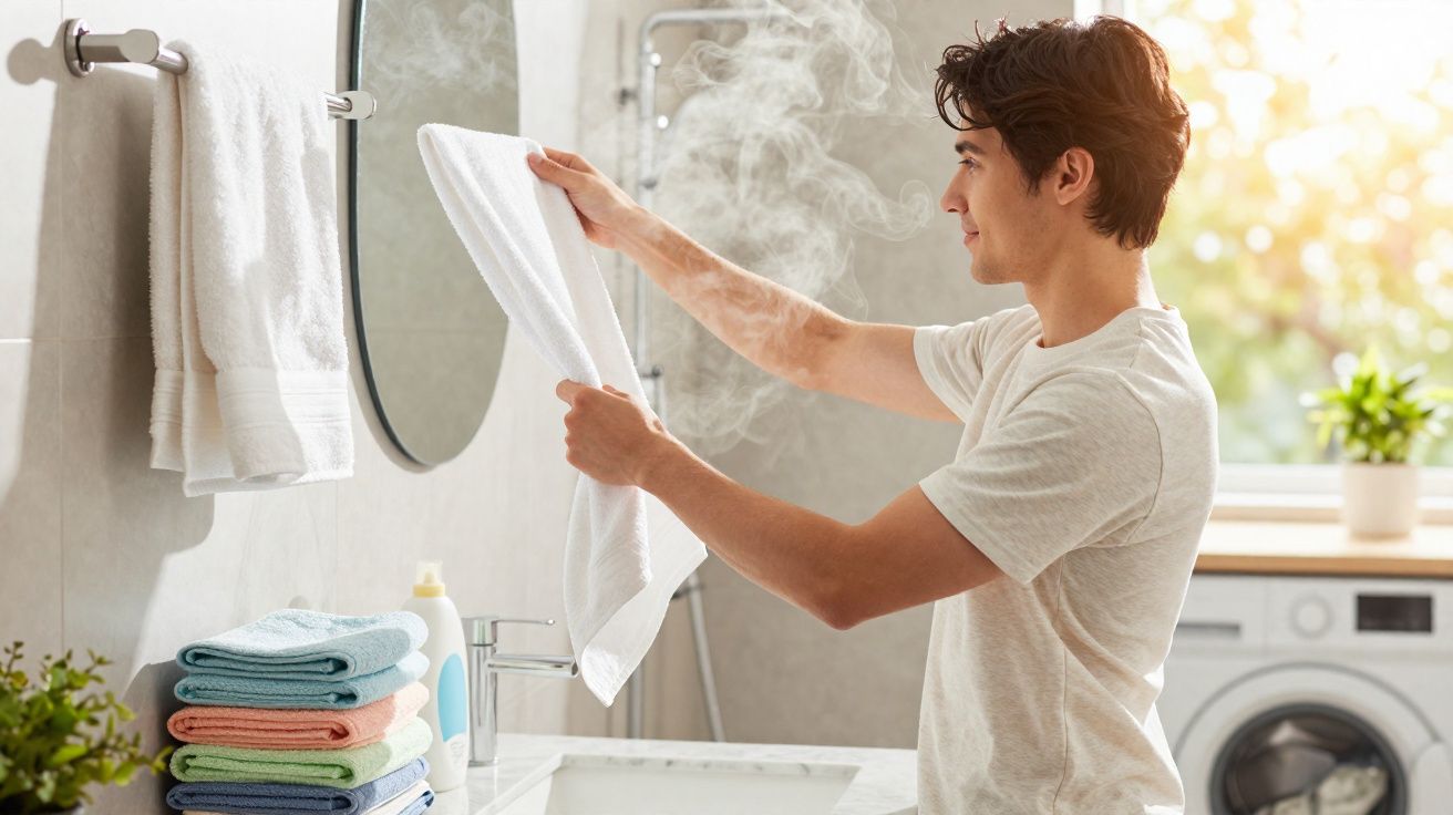 Homem em casa a passar a ferro uma toalha branca no banheiro iluminado naturalmente.