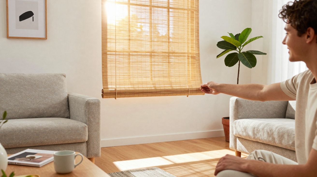 Homem a ajustar estore de bambu numa sala com sofá cinzento e planta num vaso castanho.