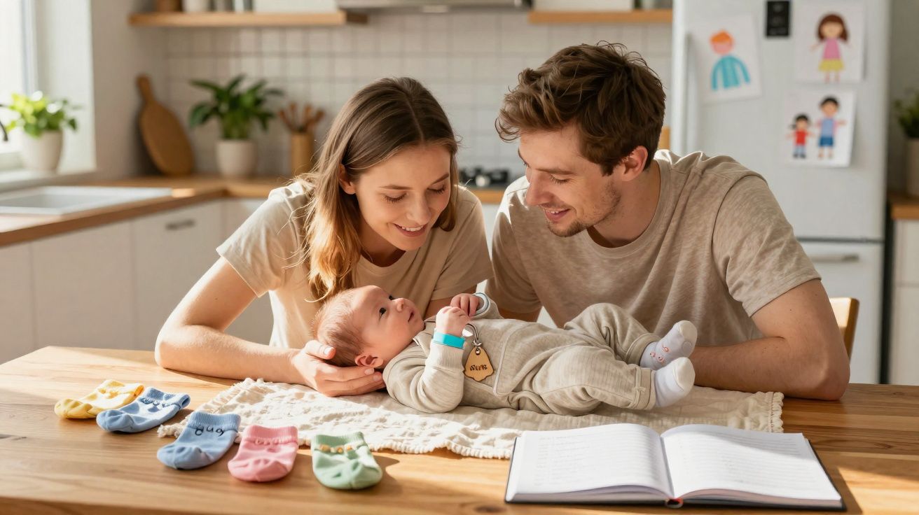 Casal sorridente observa bebé deitado numa mesa da cozinha com várias meias coloridas e um livro aberto.
