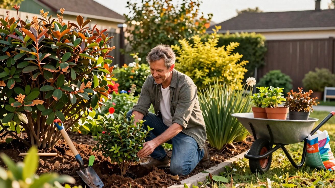 Homem a cuidar de plantas e flores no jardim, rodeado de ferramentas e carrinho de mão.