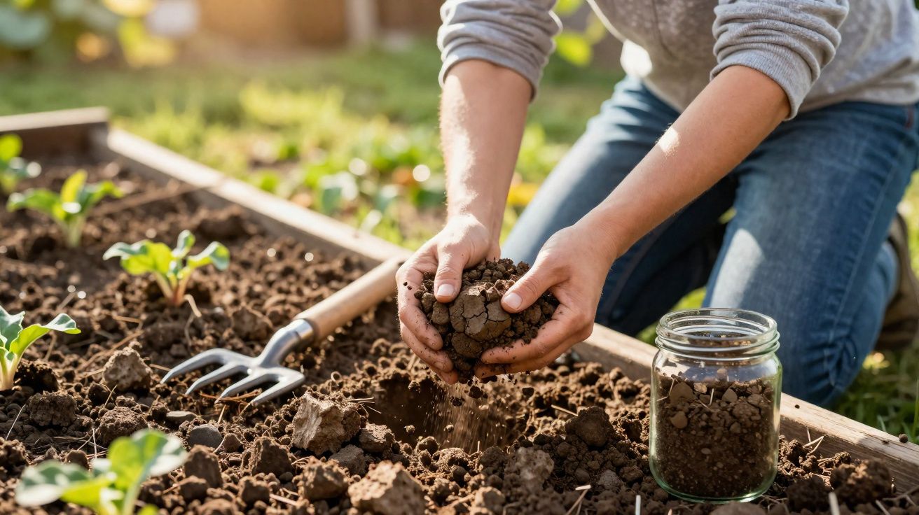 Pessoa a mexer terra num canteiro com plantações jovens ao lado e um frasco de vidro com terra.