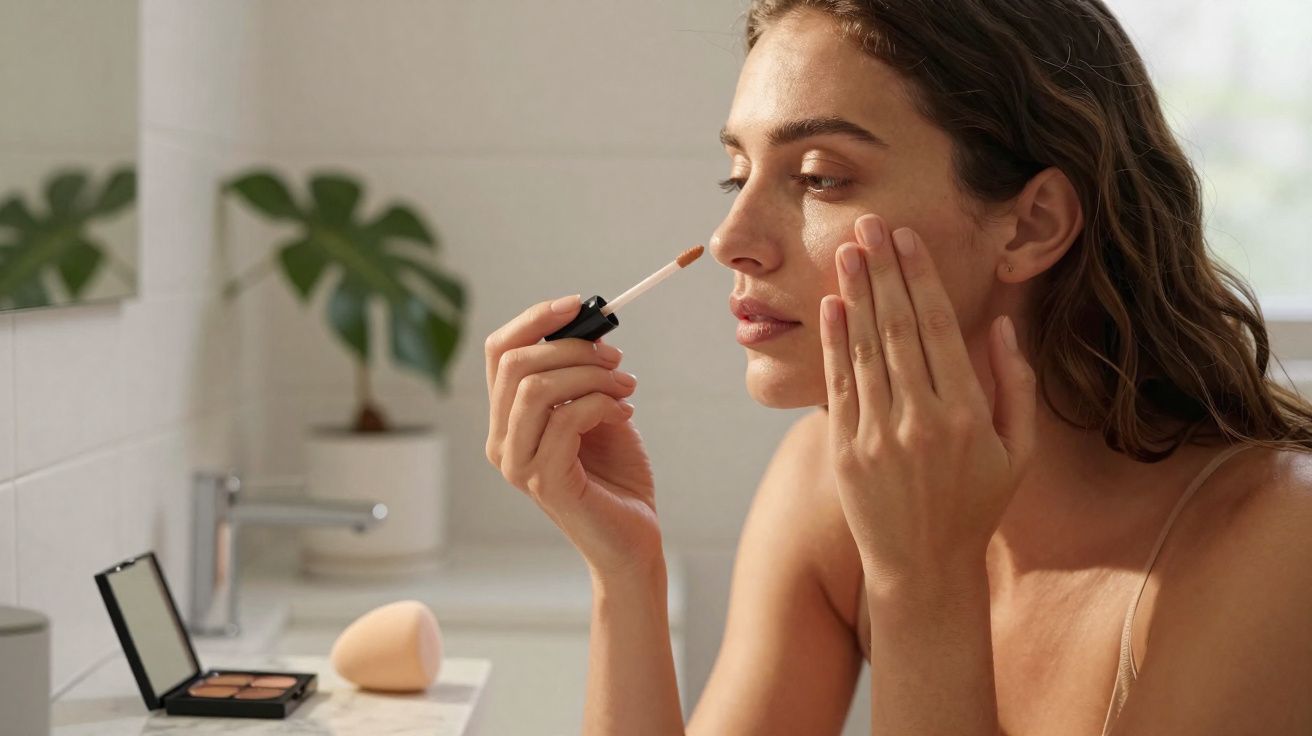Mulher a aplicar corretor de maquilhagem no rosto numa casa de banho iluminada.