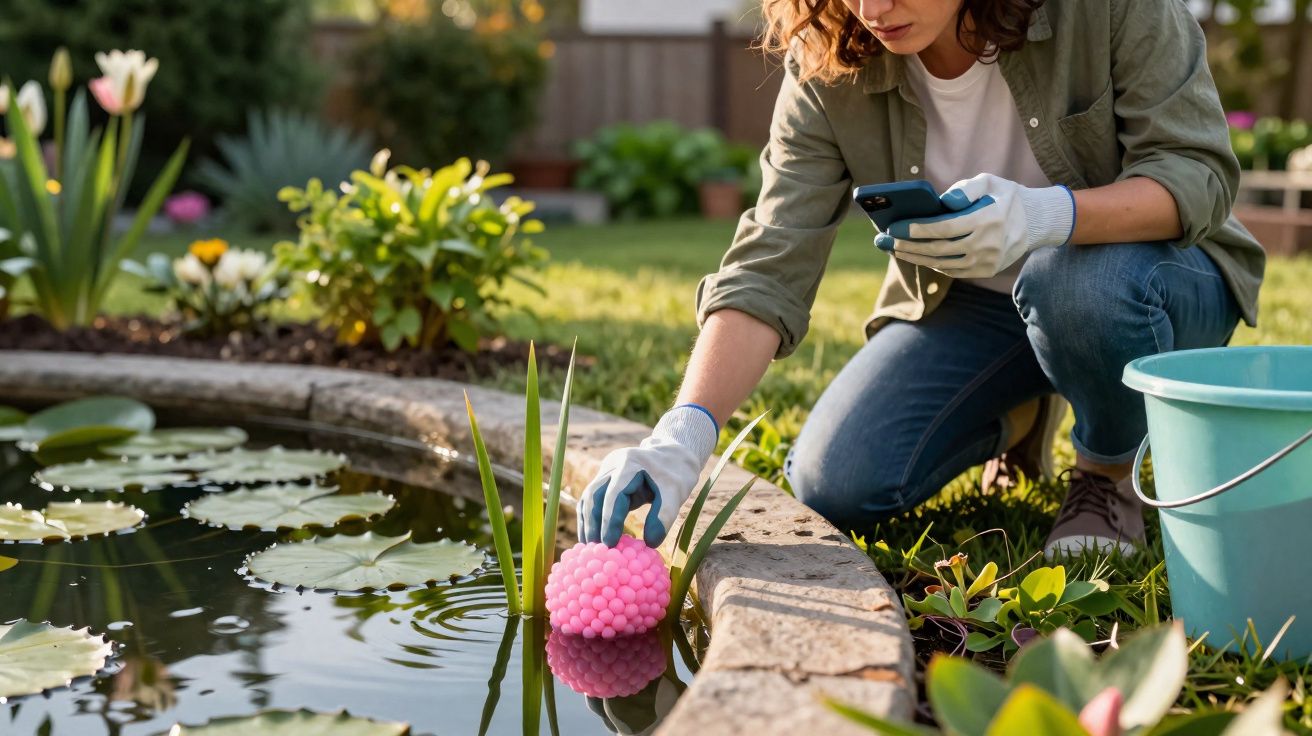 Mulher com luvas a limpar um lago de jardim usando uma esponja rosa e a fotografar com o telemóvel.