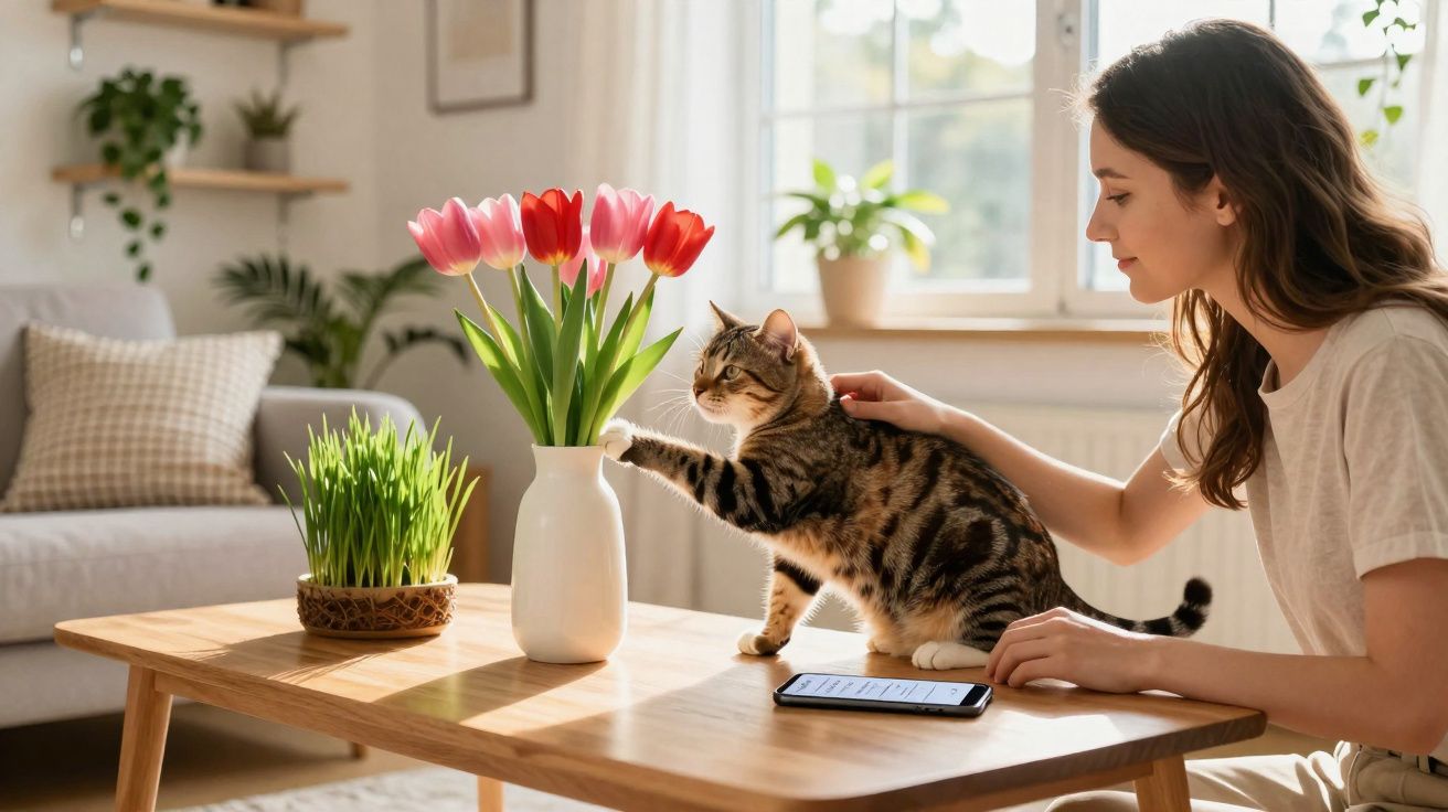 Mulher acarinha gato a tentar tocar flores numa sala iluminada com móvel de madeira e plantas.