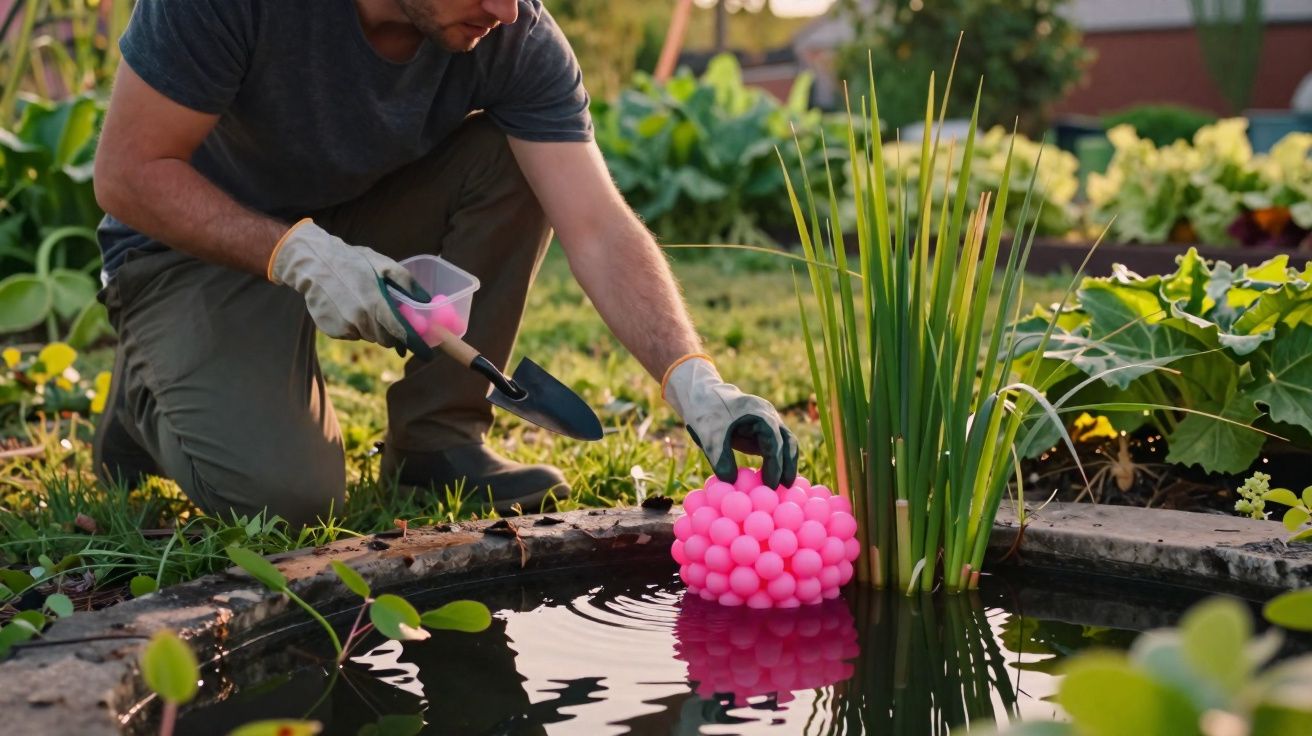 Homem ajoelhado a segurar objeto cor-de-rosa em lagoa de jardim, rodeado de plantas e ferramentas de jardinagem.