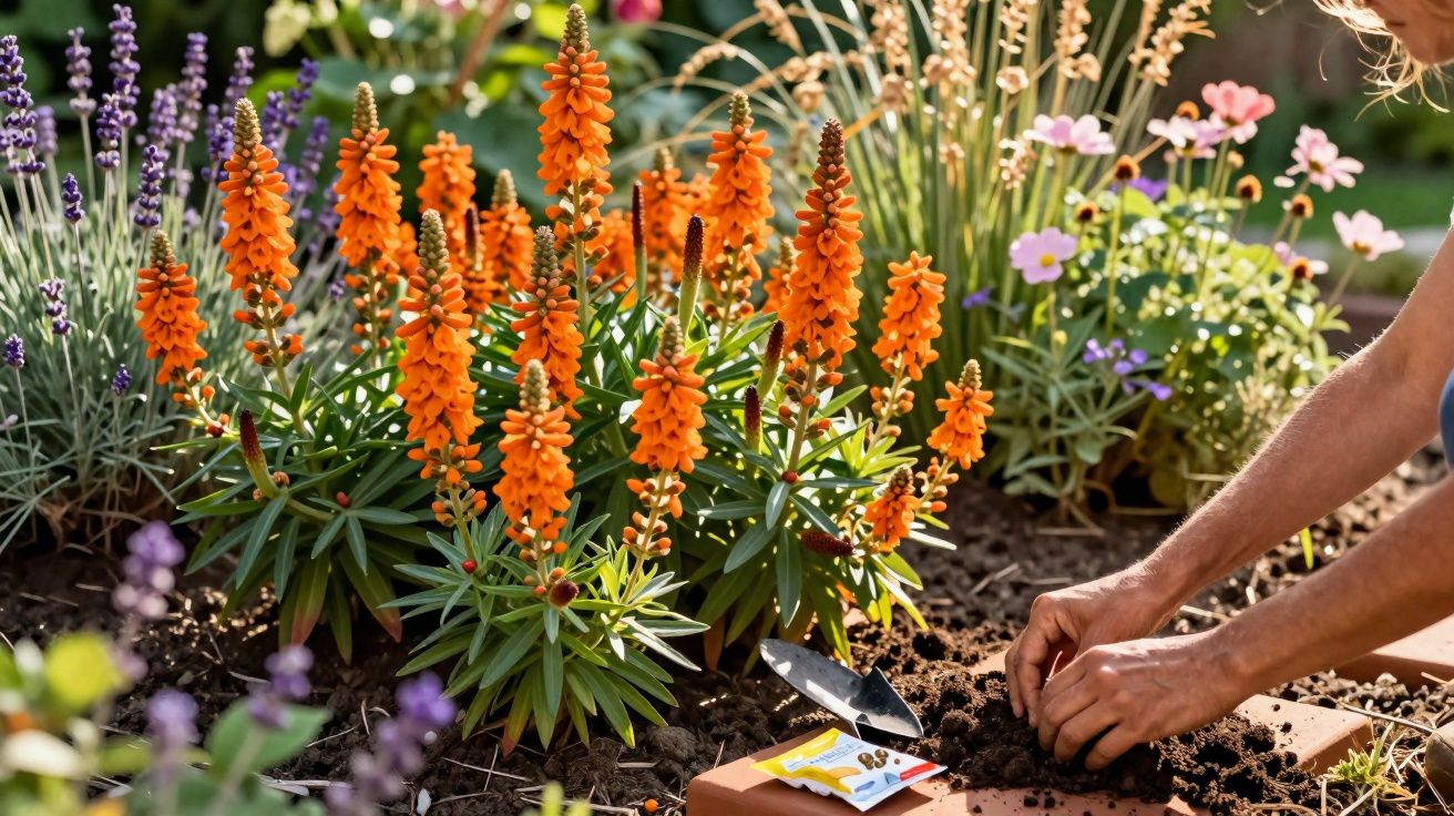 Mãos a plantar sementes num canteiro florido com flores laranja, lavanda e outras coloridas ao sol.