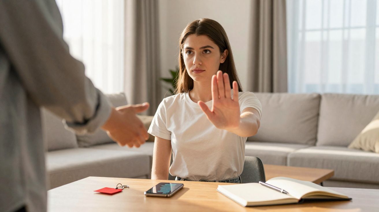 Mulher sentada em casa com expressão séria, mostrando a palma da mão em sinal de recusa a uma pessoa em pé.