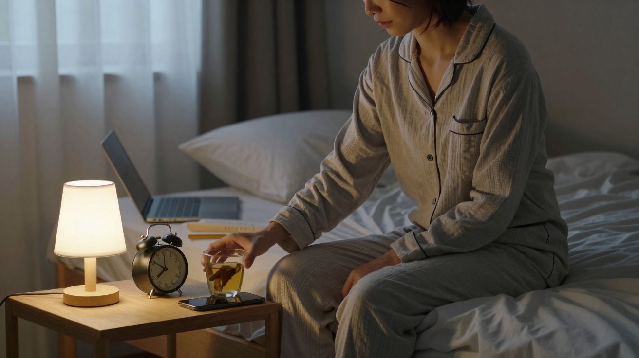 Pessoa em pijama sentada na cama, pegando um copo de chá numa mesa ao lado, com laptop e despertador.