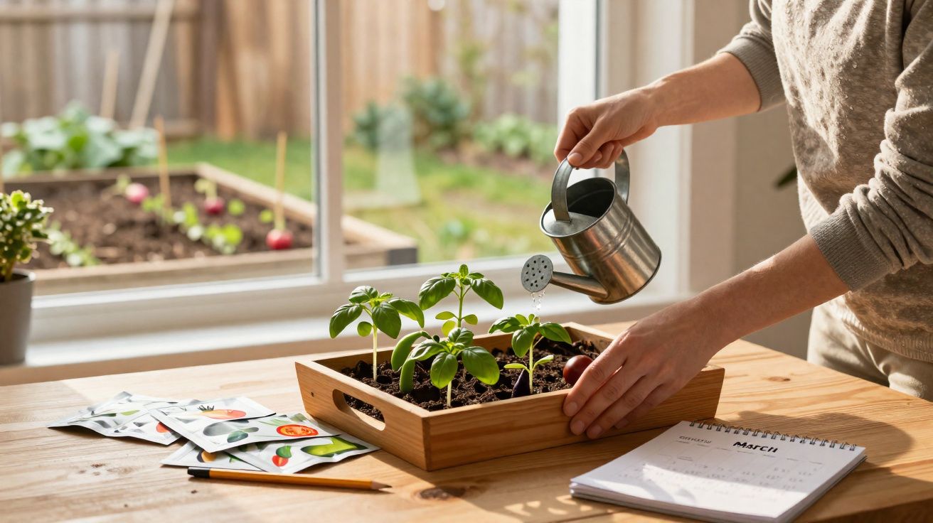 Pessoa a regar mudas de plantas numa caixa de madeira junto a uma janela, com pacotes de sementes e calendário.