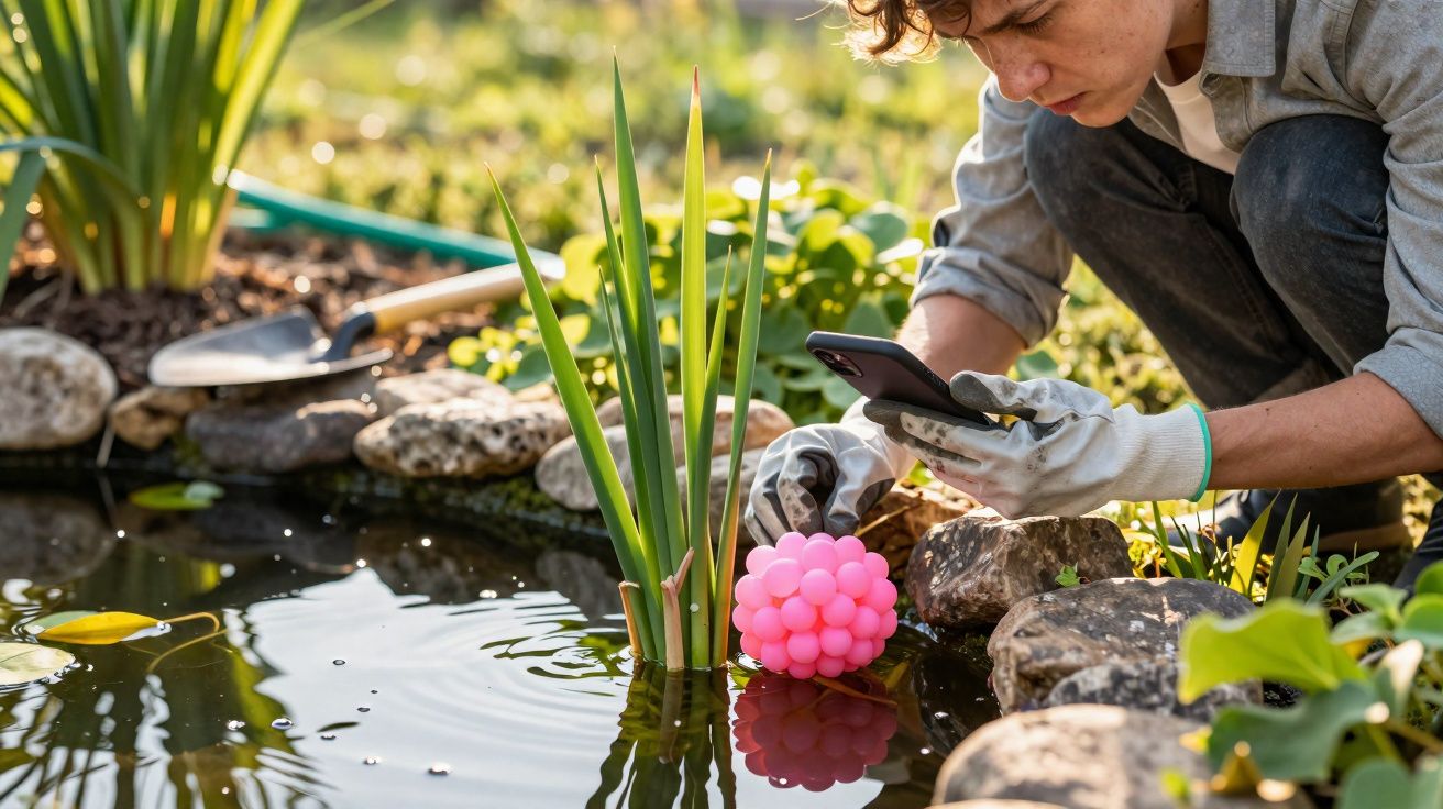 Pessoa com luvas a fotografar uma bola rosa flutuante num lago rodeado por plantas e pedras.