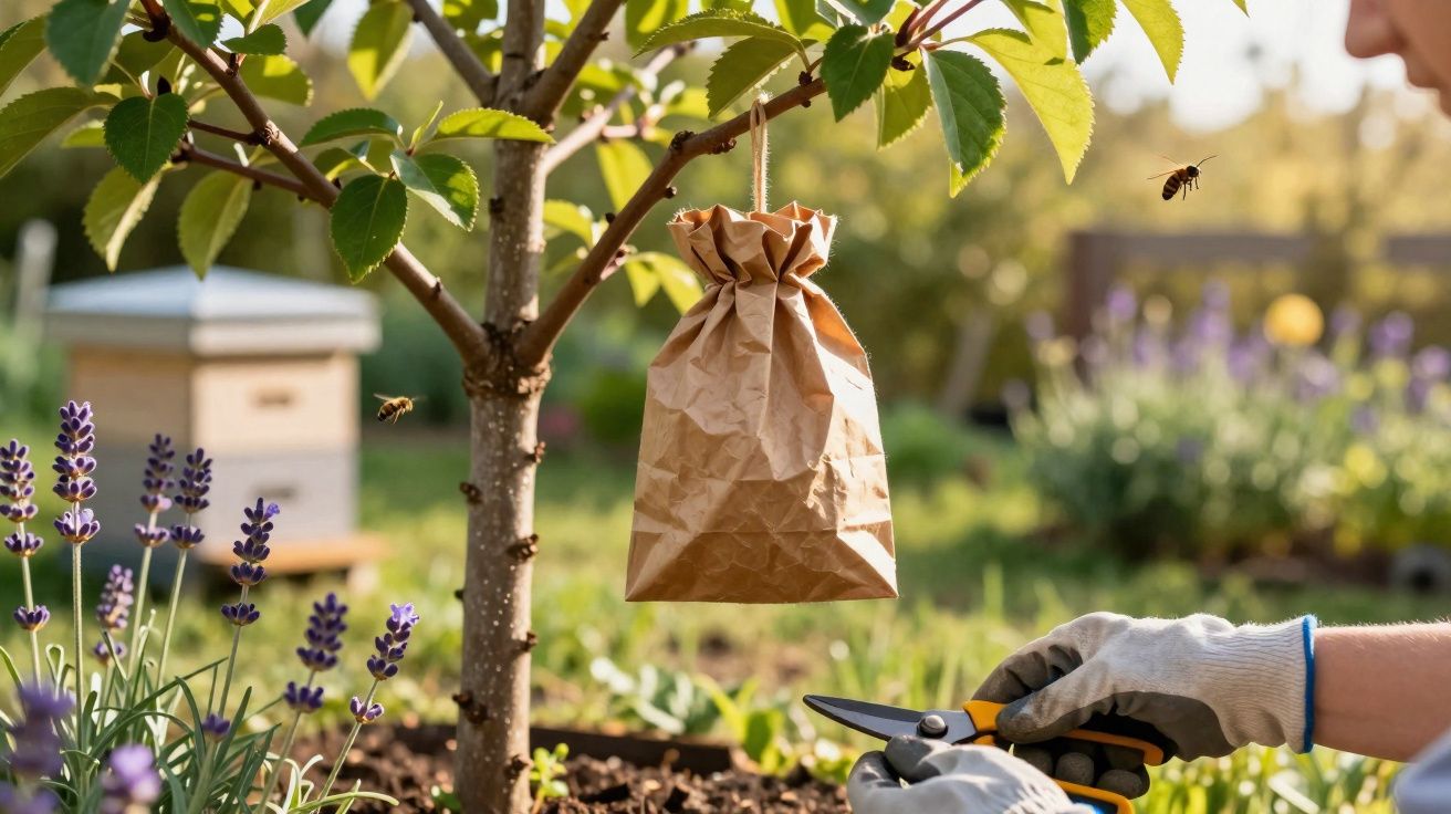 Saco de papel pendurado numa árvore para proteger fruta, com abelhas a voar e mãos com tesoura de poda.