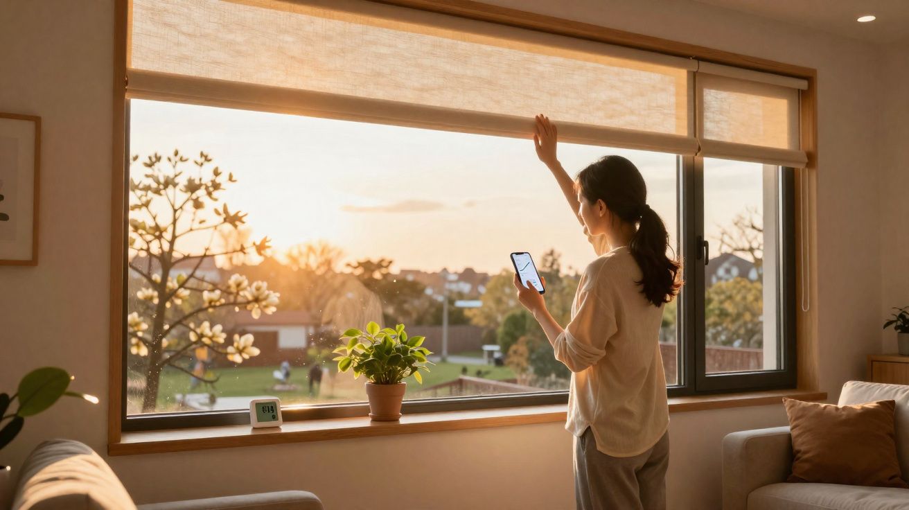 Mulher ajusta cortina numa sala com sofá, plantas e luz do pôr do sol a entrar pela janela.