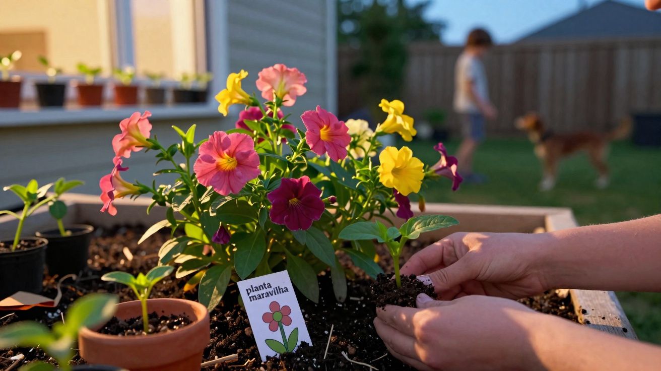 Mãos a plantar flor colorida numa horta, miúdo e cão desfocados ao fundo num jardim.