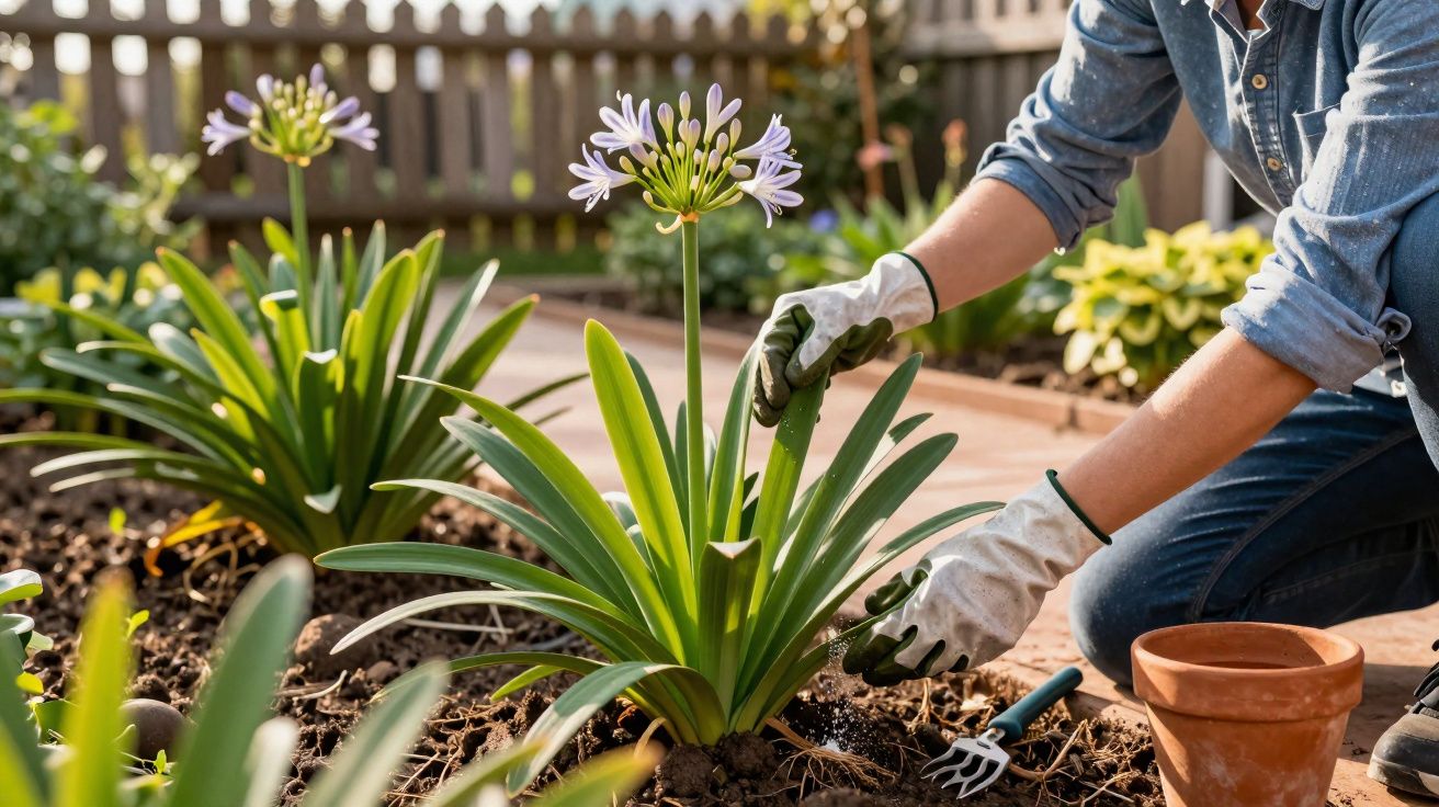 Pessoa a cuidar de plantas com luvas, a retirar ervas daninhas num jardim com flores lilás.