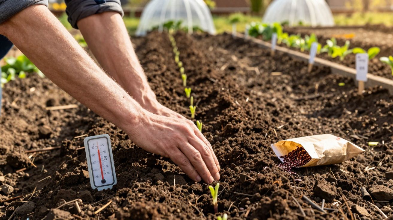 Mãos a plantar sementes num canteiro de terra com termómetro de solo e saco de sementes ao lado.