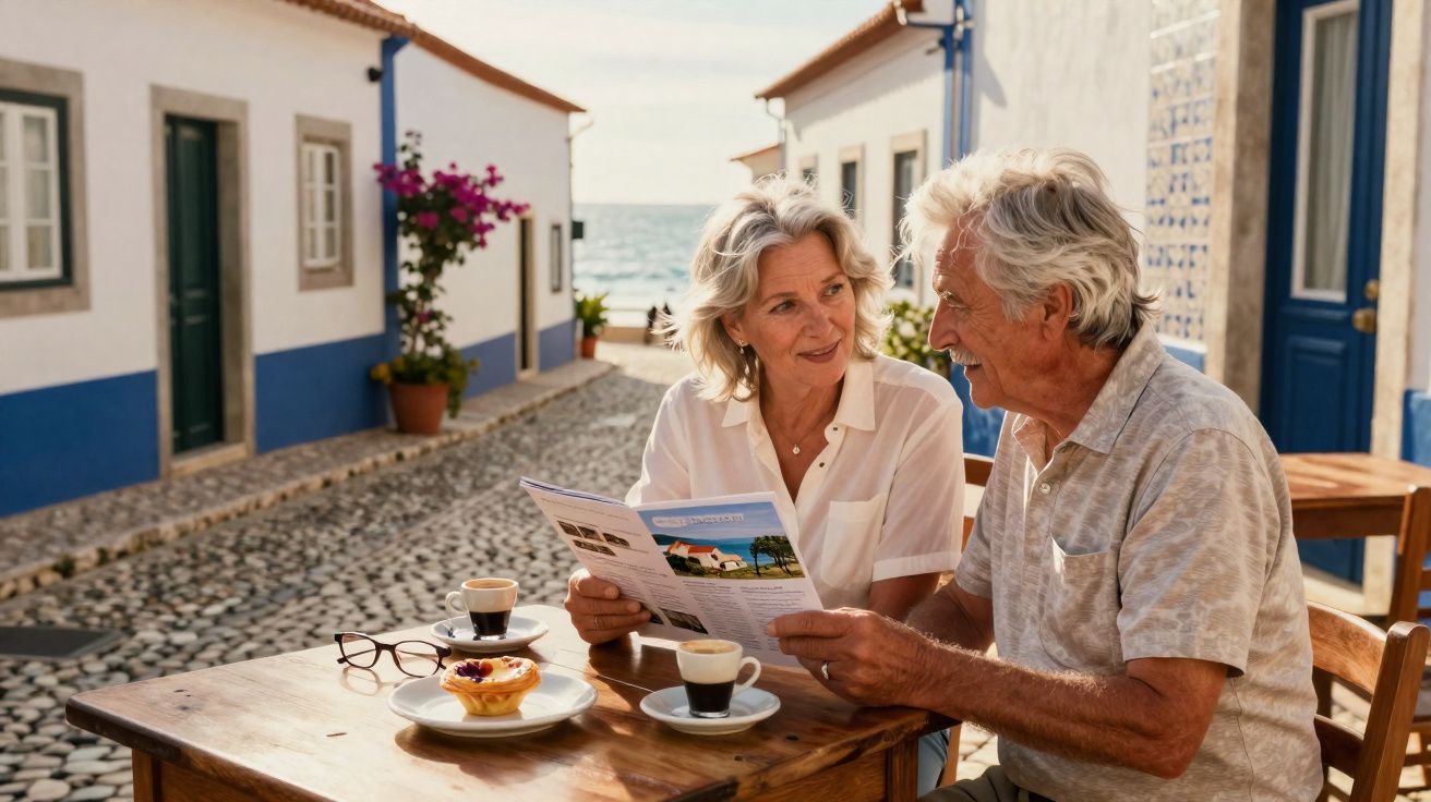 Casal sénior sentado numa mesa ao ar livre numa rua com casas, segurando um folheto e tomando café.
