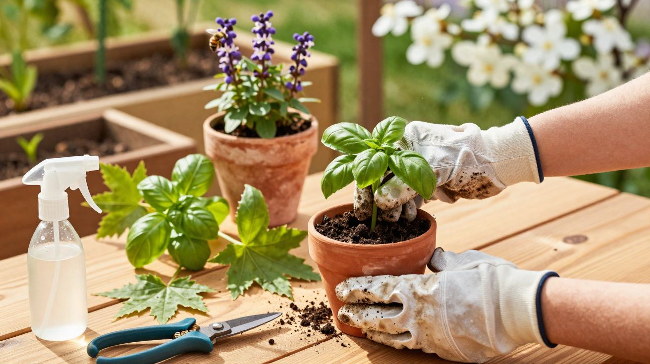 Pessoa com luvas a transplantar manjericão em vaso de barro numa mesa de madeira com pulverizador e tesoura de poda.