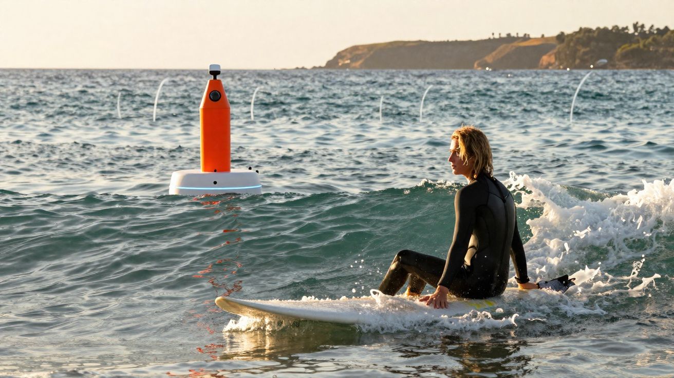 Surfista sentado na prancha no mar junto a bóia laranja com câmera, ao pôr do sol.