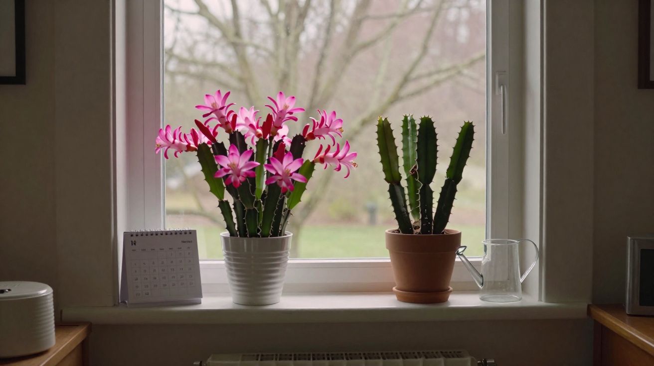 Janelas com duas plantas em vasos, uma com flores cor-de-rosa e outra com cacto verde, calendário e regador.