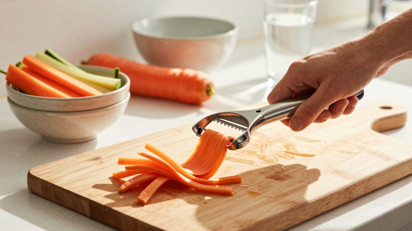 Mão a cortar cenoura em tiras finas com descascador metálico sobre tábua de madeira.
