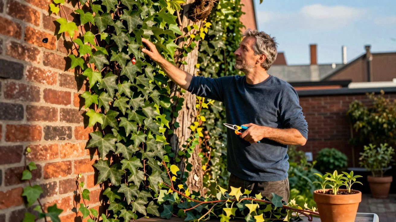 Homem a cuidar de trepadeira numa parede de tijolos com tesoura de poda na mão num jardim urbano.