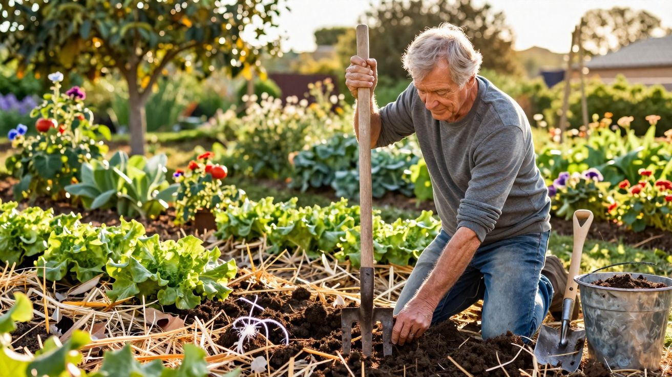 Homem idoso a trabalhar na horta, a usar enxada para cavar o solo rodeado de plantas e flores.