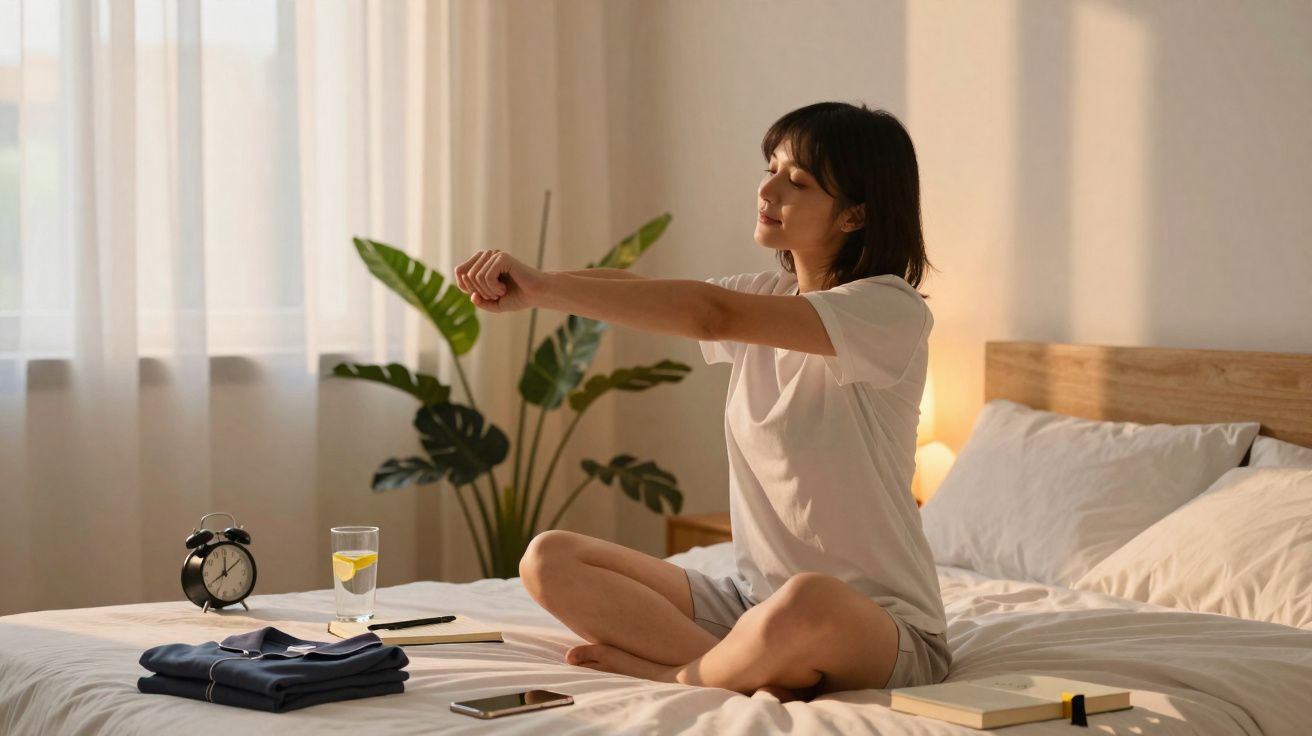 Mulher sentada na cama a alongar os braços, em quarto iluminado pela manhã com plantas e objetos pessoais.