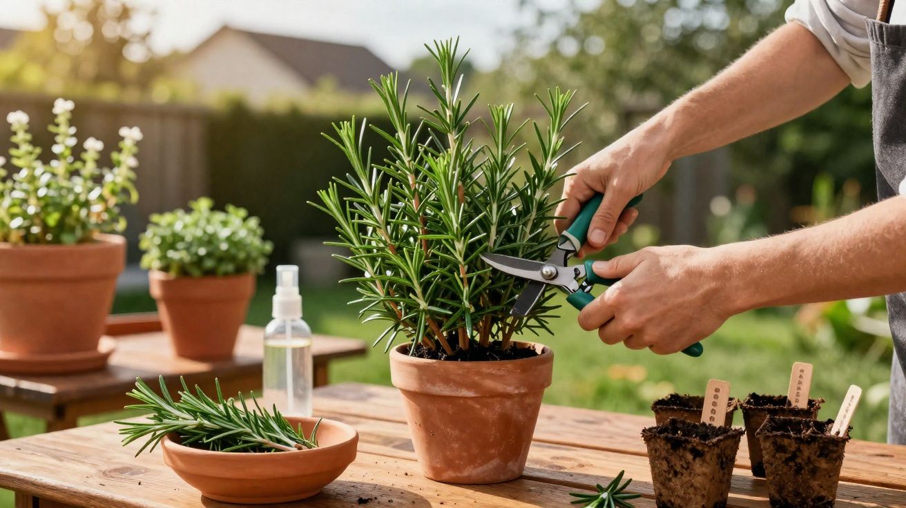 Pessoa a podar planta de alecrim em vaso de barro num jardim com outras plantas e vasos.