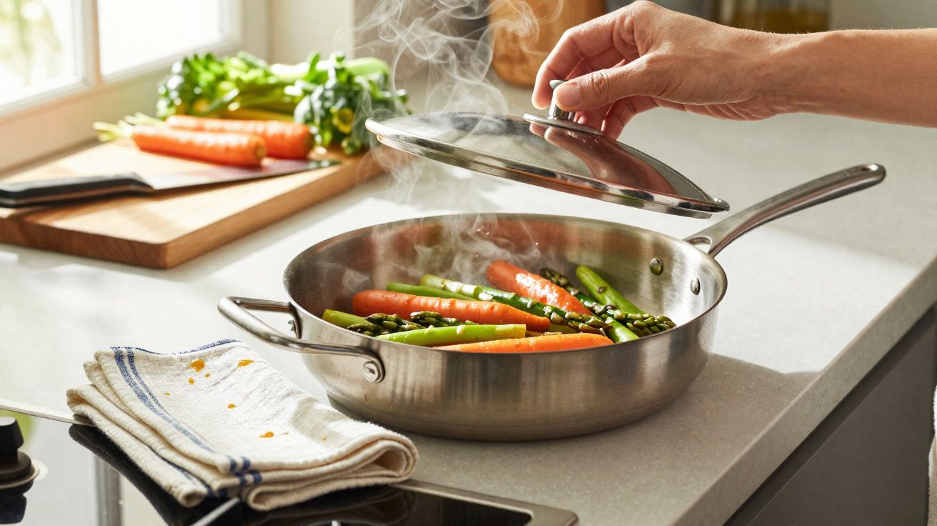 Mão a levantar tampa de frigideira com legumes a cozinhar, incluindo cenouras e espargos, em bancada de cozinha.