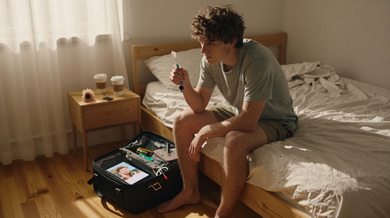 Jovem sentado na cama com teste de gravidez na mão, mala aberta no chão e luz natural na janela.