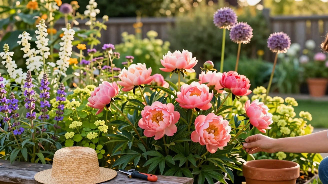 Jardim florido com peónias cor-de-rosa, flores variadas coloridas e mão a cuidar das plantas ao pôr do sol.