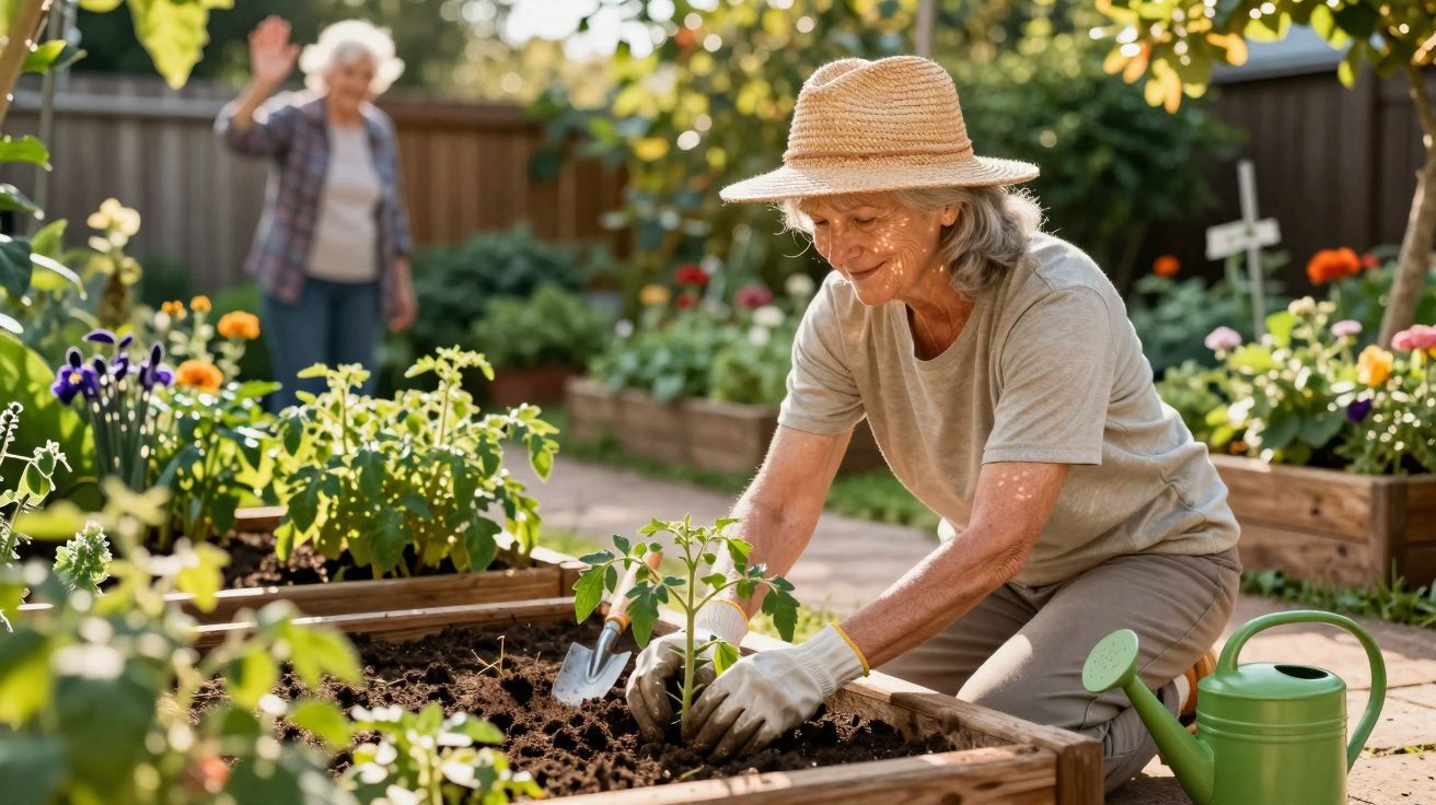 Mulher idosa a plantar uma muda num jardim, com outra mulher a acenar ao fundo entre flores coloridas.