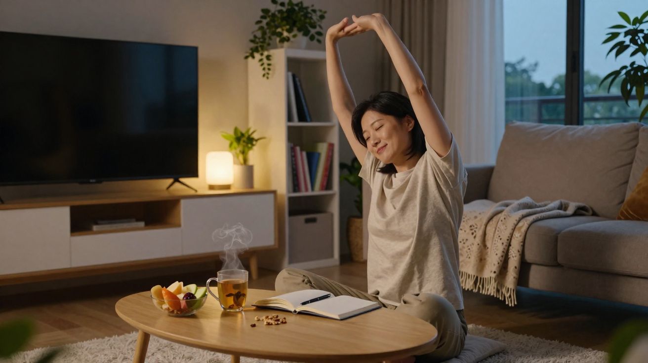 Mulher sentada no chão da sala a alongar-se com chá e frutos numa mesa baixa à sua frente.