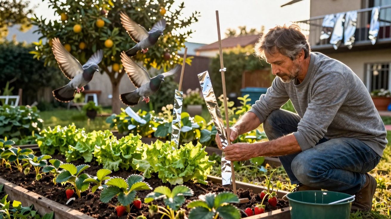 Homem a cuidar de uma horta com morangos e alfaces, enquanto pombos voam perto de uma árvore de citrinos.