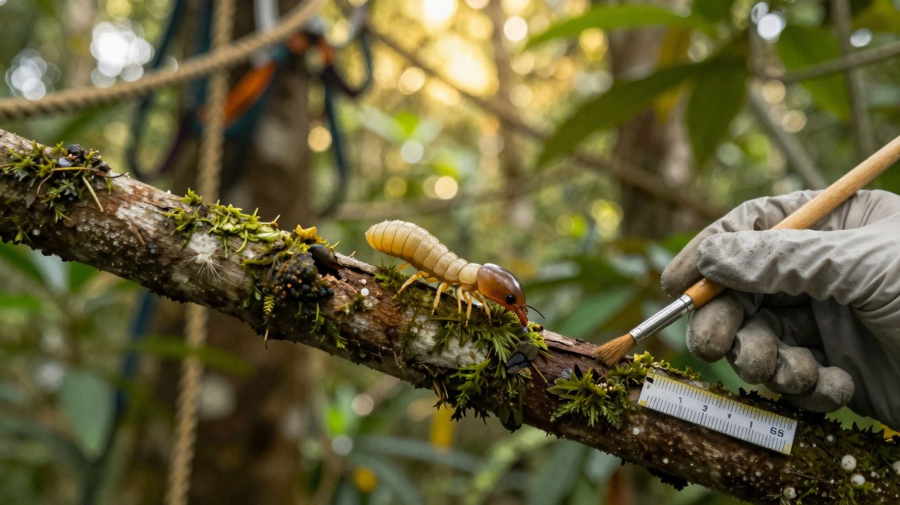 Inseto grande amarelo num ramo coberto de musgo com mão de luva e pincel a limpar o ambiente.