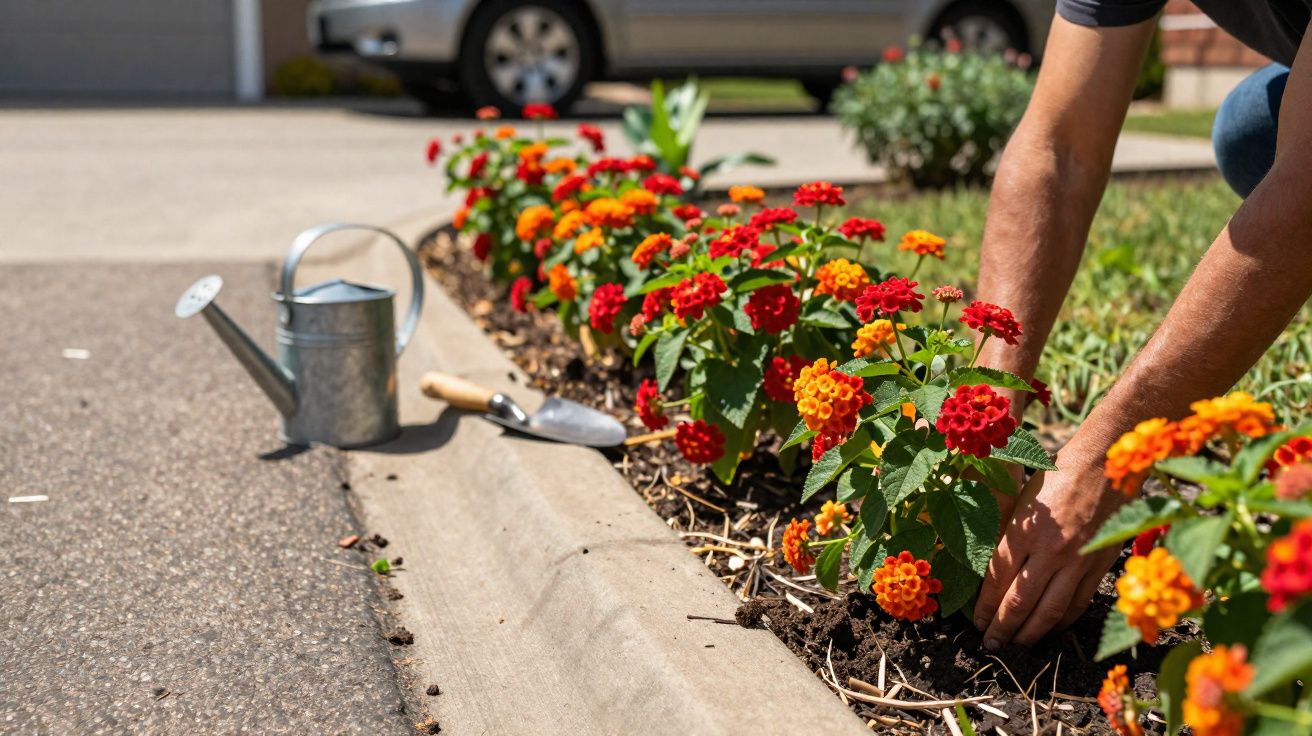 Pessoa a plantar flores laranja e vermelhas num canteiro junto a passeio, com regador e enxada na calçada.