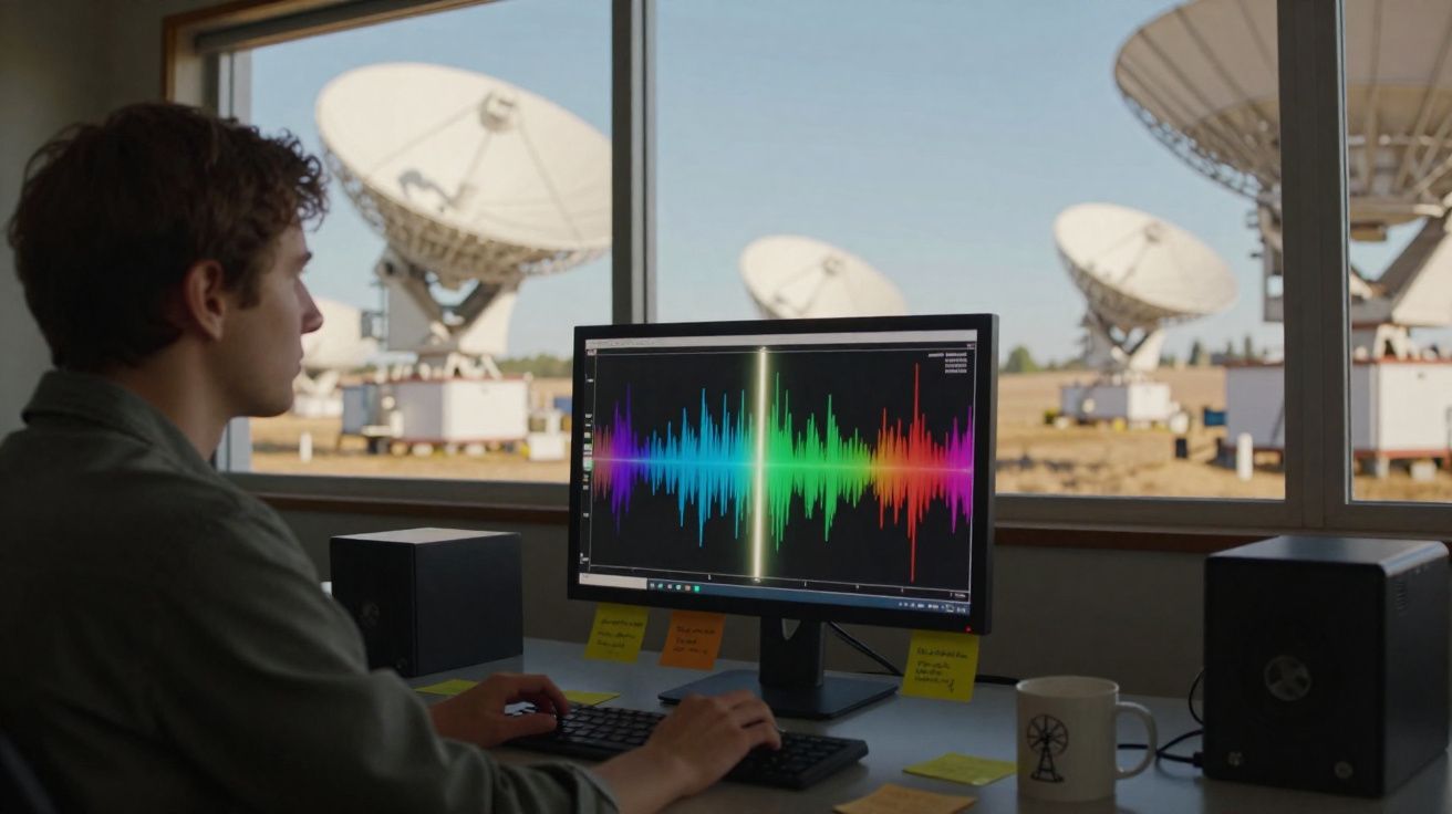 Homem a analisar ondas sonoras coloridas em computador, com antenas parabólicas vistas pela janela.