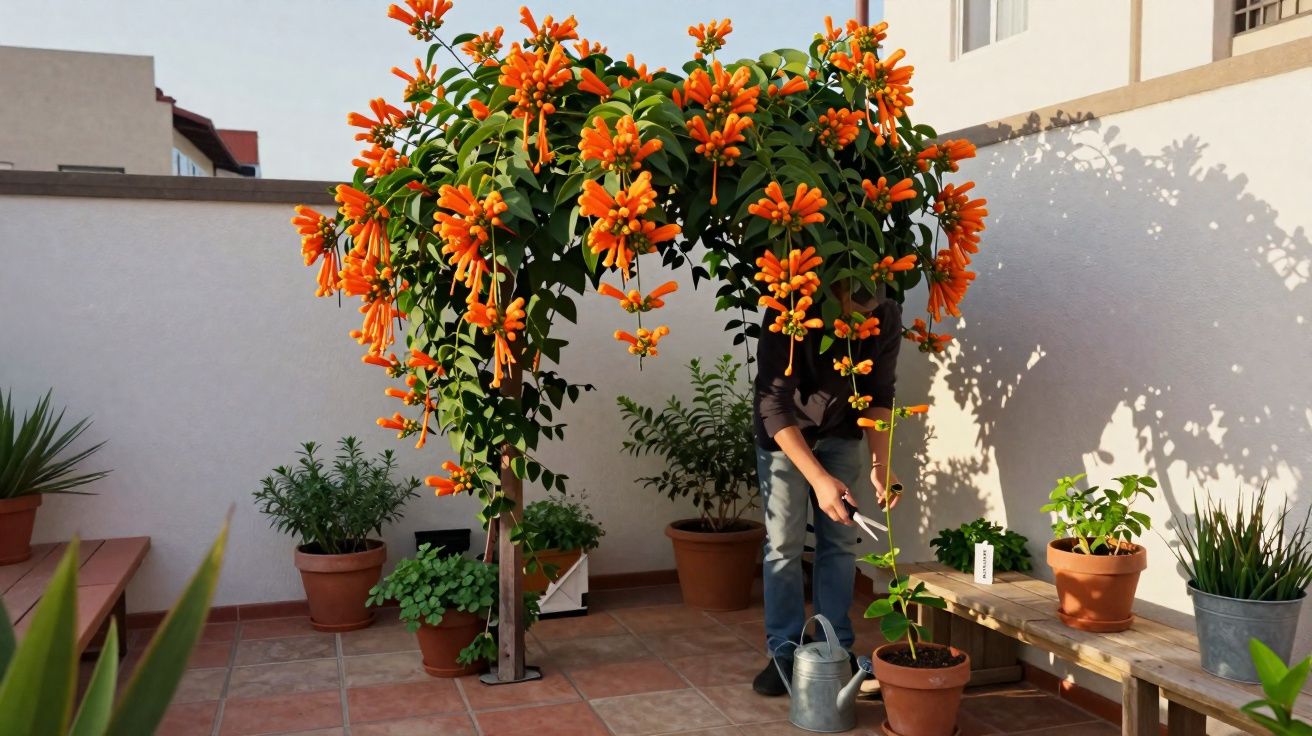 Homem regando planta com flores laranja em pátio com várias plantas em vasos.