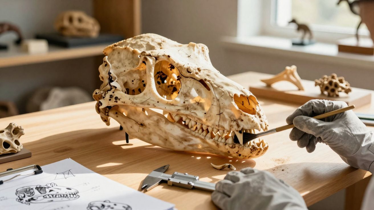 Crânio de réptil pré-histórico em mesa de trabalho, com mãos de pessoa a limpar dentes com pincel.