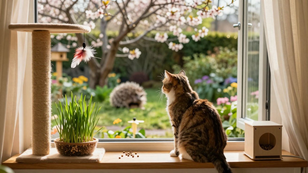 Gato sentado na janela a observar um ouriço-cacheiro num jardim florido primaveril.