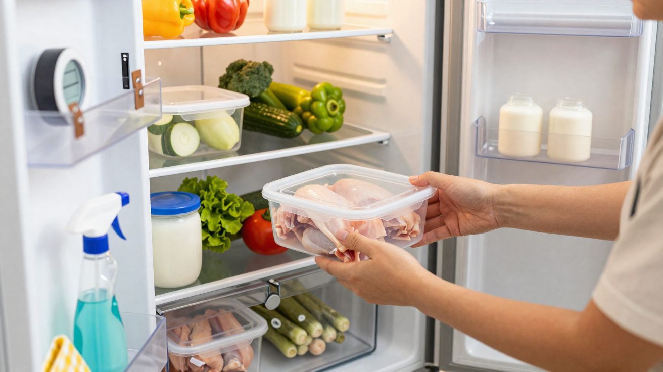 Pessoa a colocar frango cru em recipiente plástico dentro de frigorífico com legumes e leite.