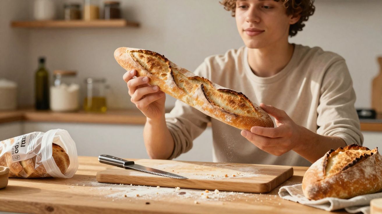 Pessoa a segurar uma baguete com um pão e uma faca sobre a mesa de madeira na cozinha.