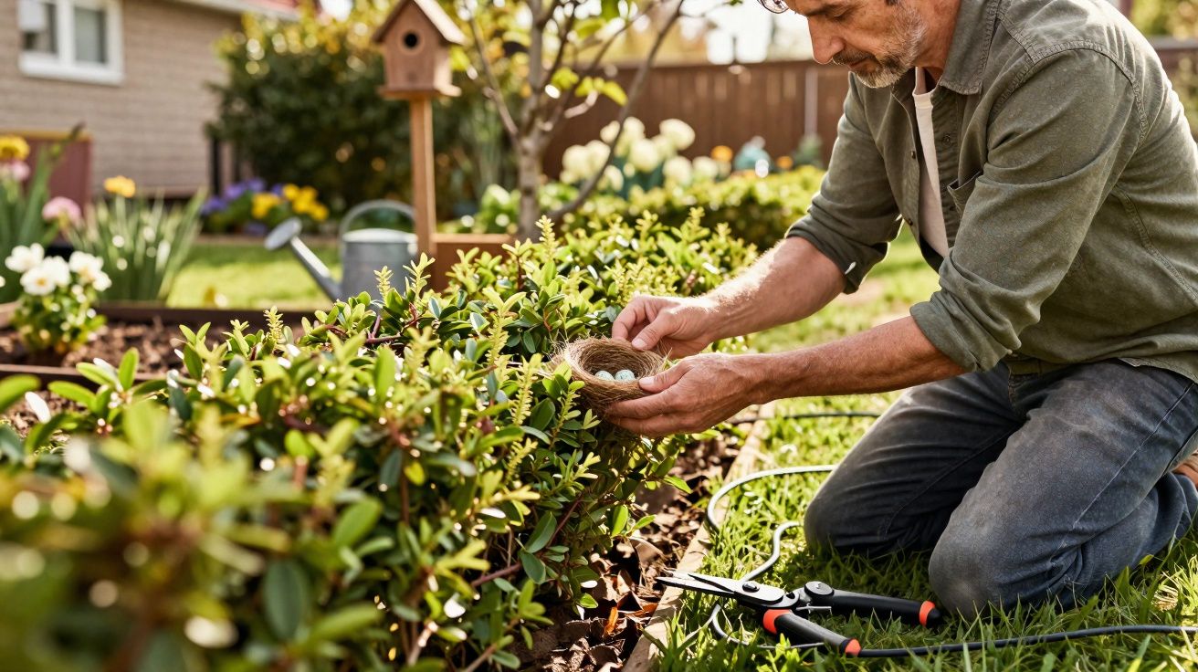 Homem a apanhar ovos de um ninho numa sebe, com ferramentas de jardinagem no relvado.