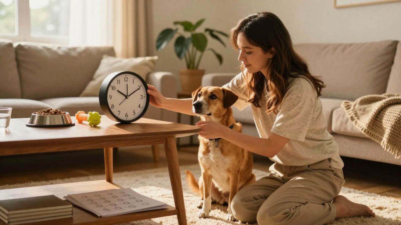 Mulher sentada no chão com cão junto à mesa de centro, onde há relógio, brinquedos e tigela de comida.