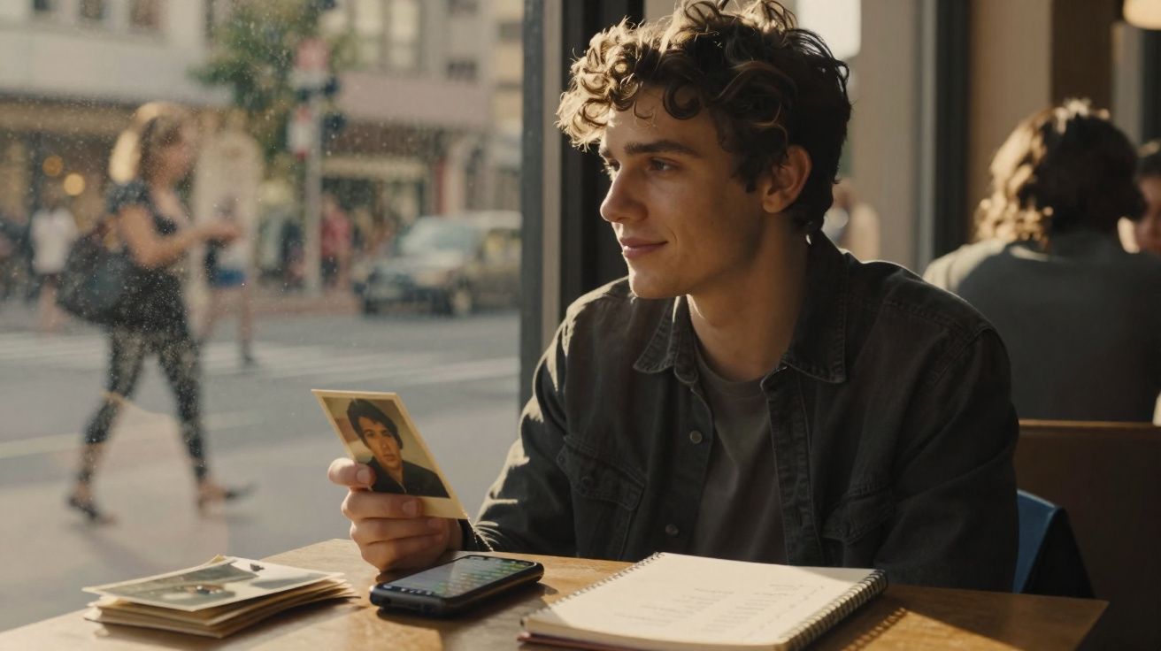 Jovem sentado numa mesa perto da janela, olhando uma fotografia antiga, com caderno e telemóvel à sua frente.
