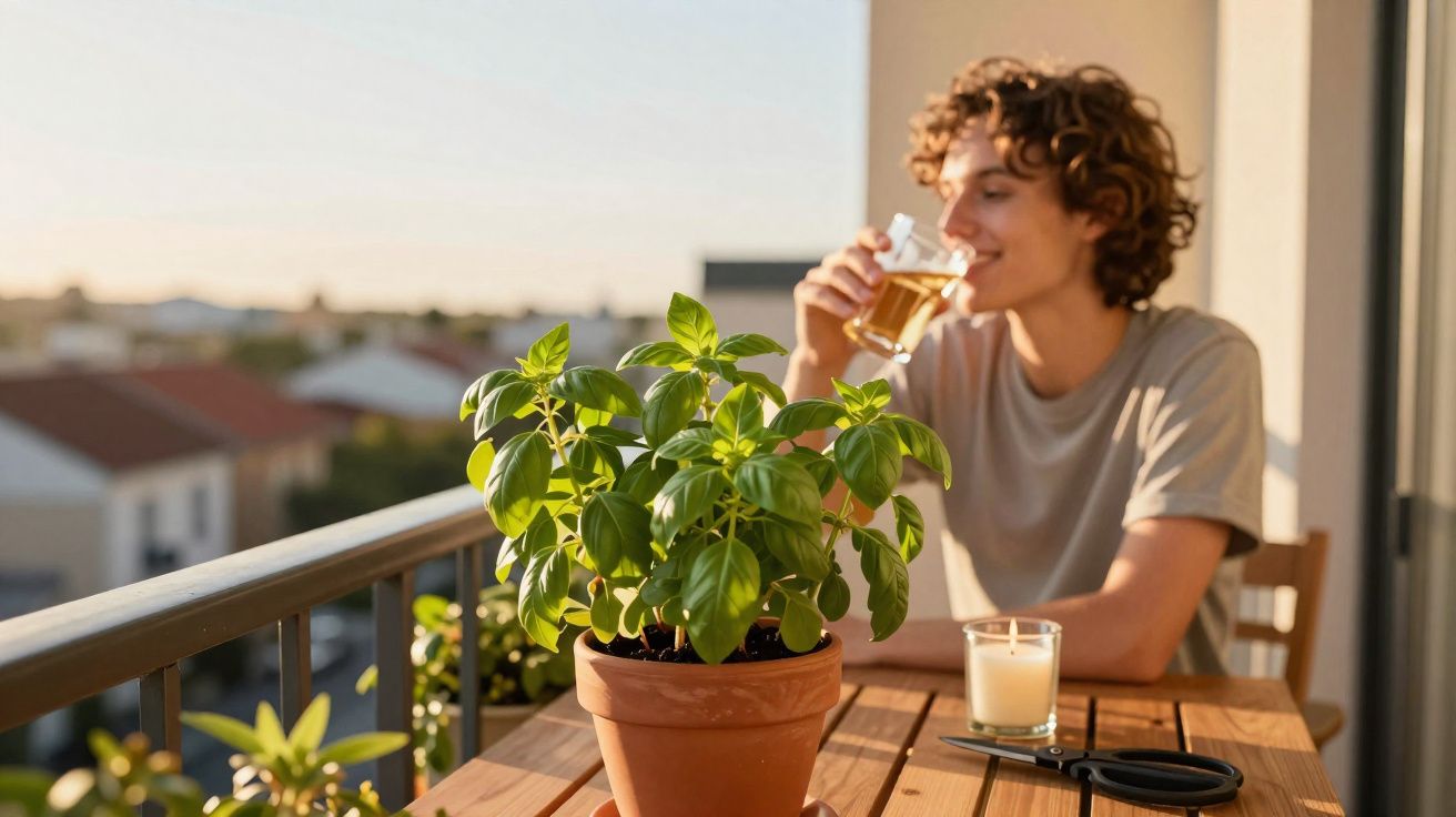 Pessoa a beber chá num terraço com planta de manjericão num vaso.