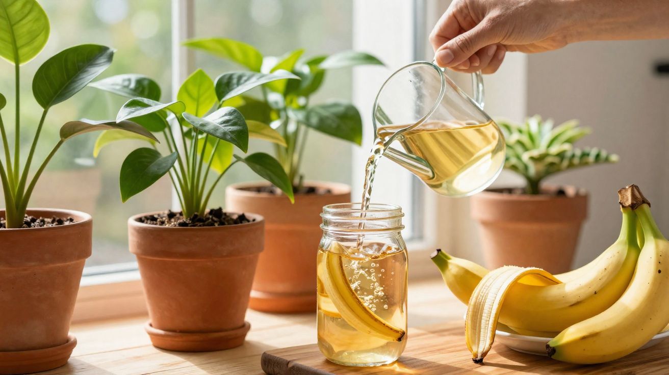 Pessoa a verter chá numa jarra transparente com fatias de gengibre, ao lado de quatro vasos de plantas e bananas.