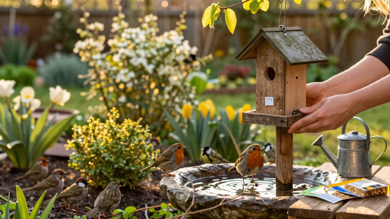 Pássaros junto a comedouro e bebedouro num jardim florido ao entardecer com mãos a colocar o comedouro.